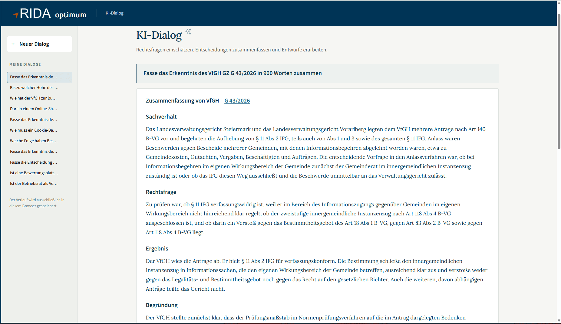 RIDA KI-Dialog: Zusammenfassung einer Entscheidung mit Sachverhalt, Rechtsfrage, Ergebnis und Begründung