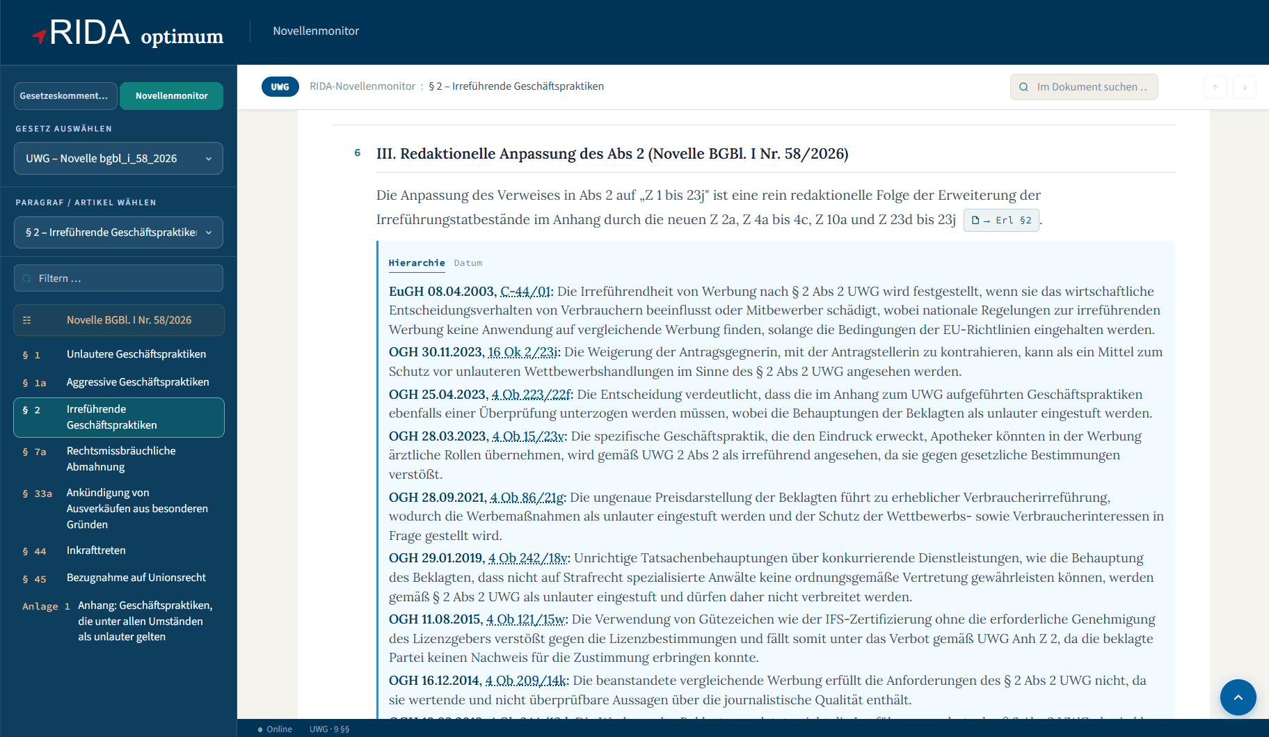 RIDA Novellenmonitor: Kommentierung eines novellierten Paragrafen mit eingelesener Vorjudikatur am Beispiel des § 2 UWG