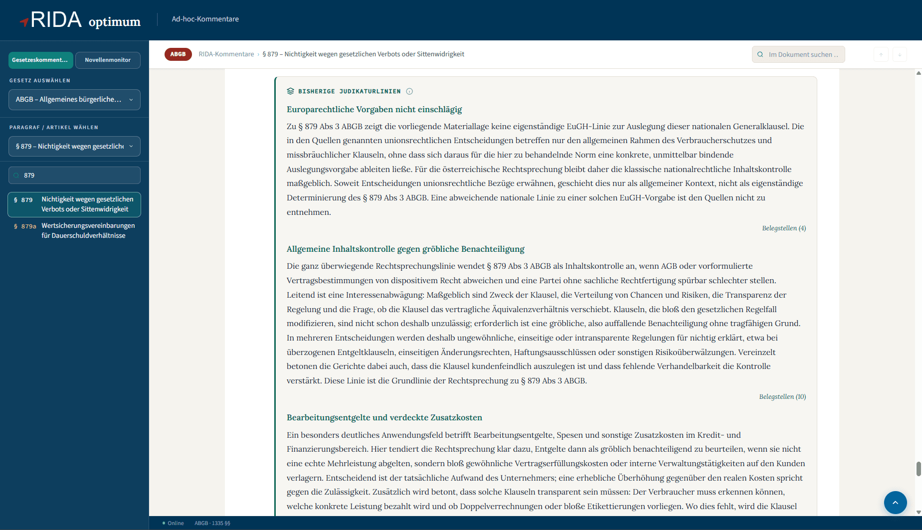 RIDA Ad-hoc-Kommentare: automatisch erstellte Judikaturlinien zu § 879 ABGB