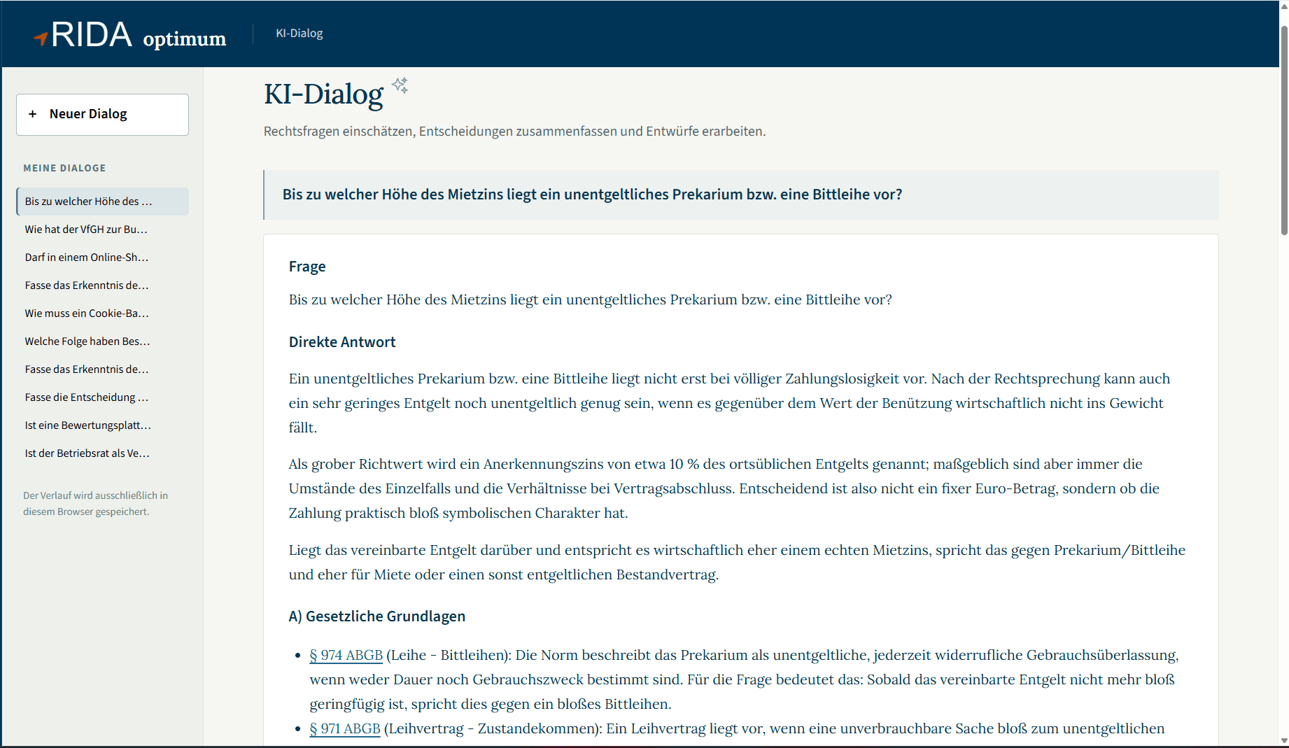 RIDA KI-Dialog: Beantwortung einer Rechtsfrage mit Gesetzesgrundlagen