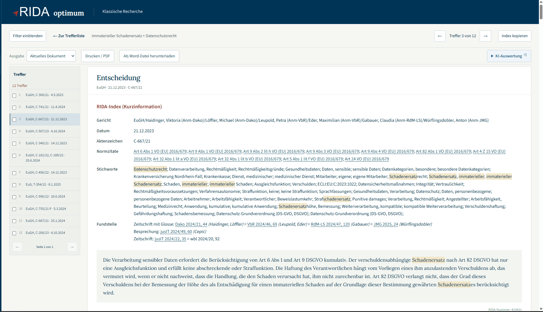 RIDA Klassische Recherche: Detailanzeige mit RIDA-Index, Normzitaten und Fundstellen