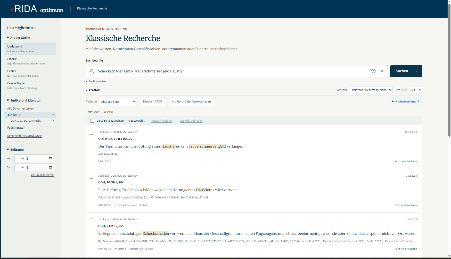 RIDA Klassische Recherche: Trefferliste zu einer Stichwortsuche