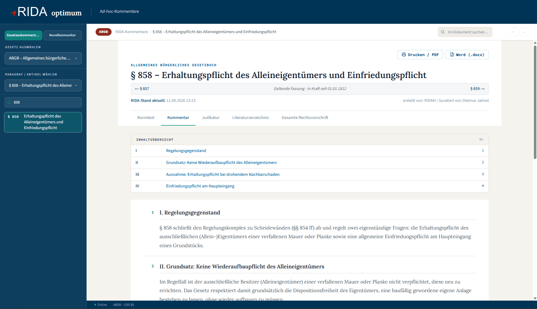 RIDA Ad-hoc-Kommentare: Kommentar zu § 858 ABGB mit Inhaltsübersicht und Randzahlen