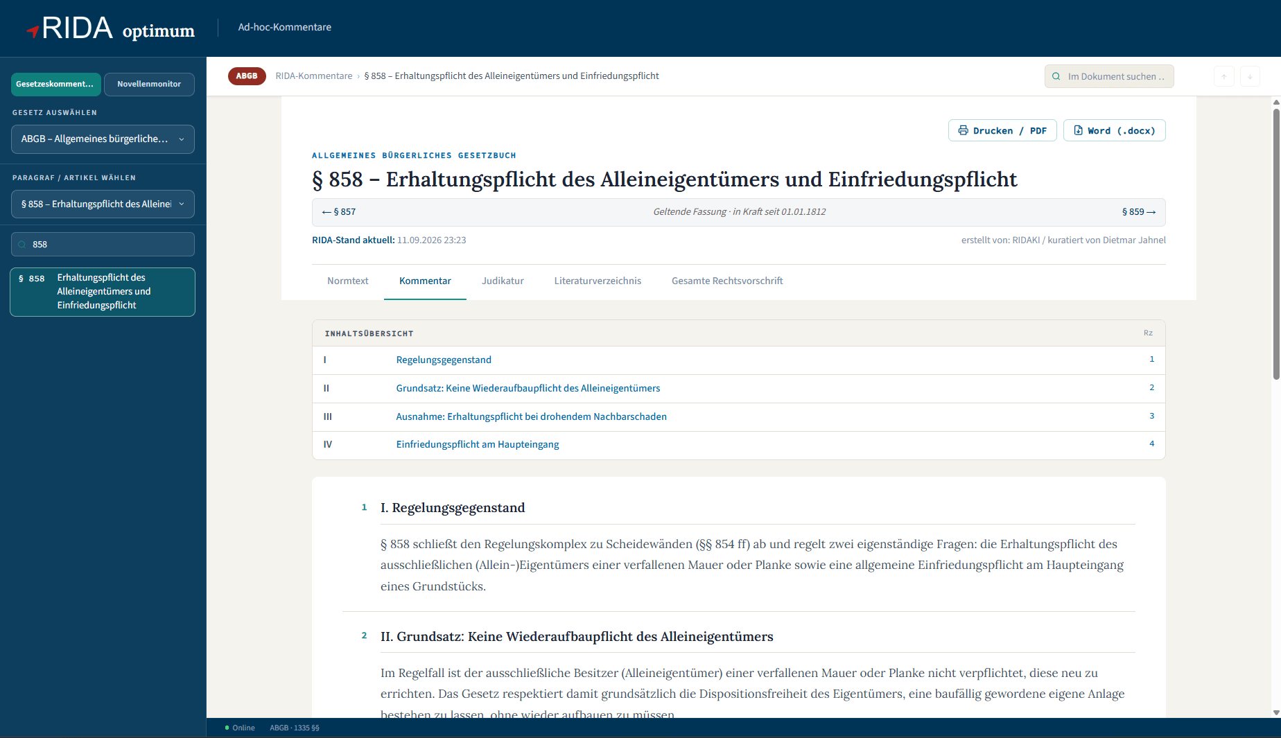 RIDA Ad-hoc-Kommentare: Kommentar zu § 858 ABGB mit Inhaltsübersicht und Randzahlen