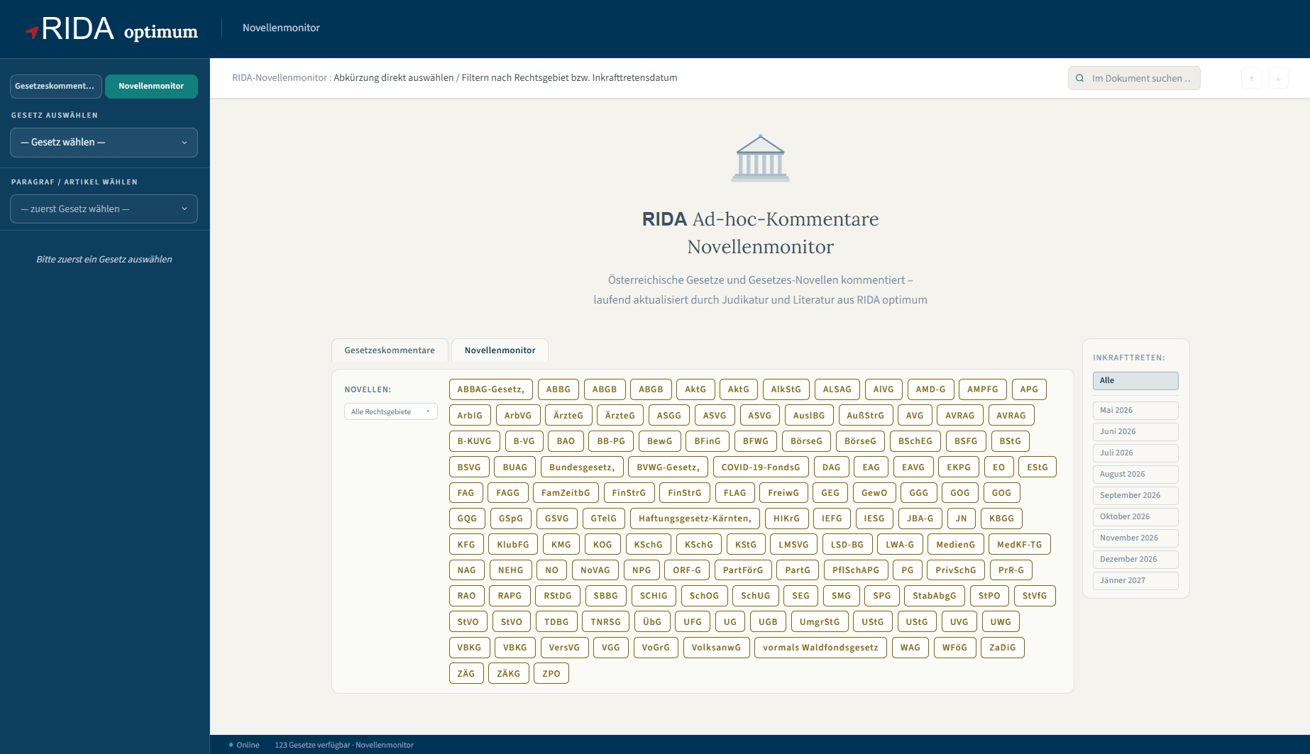 RIDA Novellenmonitor: Übersicht der überwachten Gesetze und Novellierungen